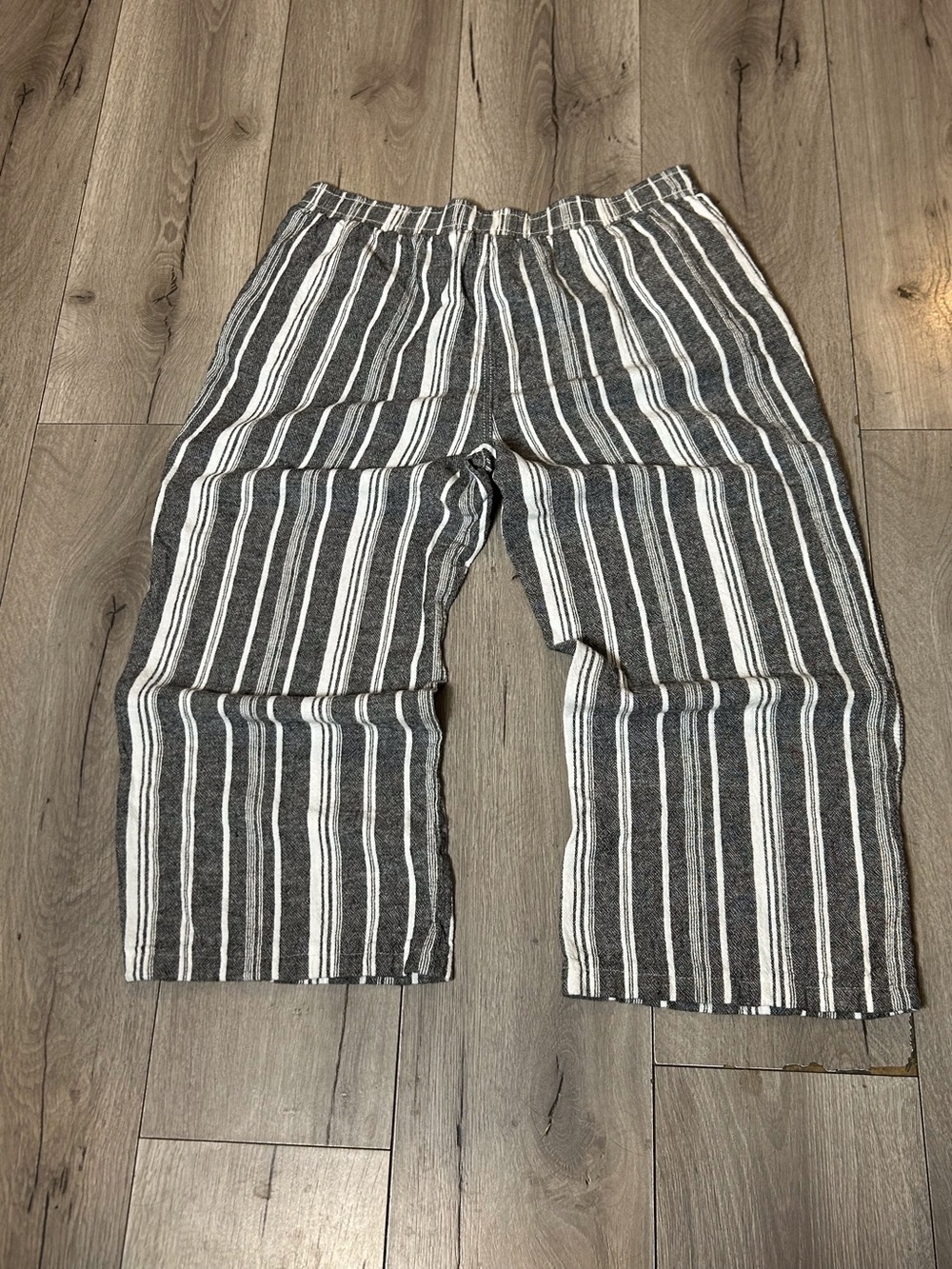 XL Linen Blend Pants Elastic Waist Black White Stripes Comfort Boho Wide Leg